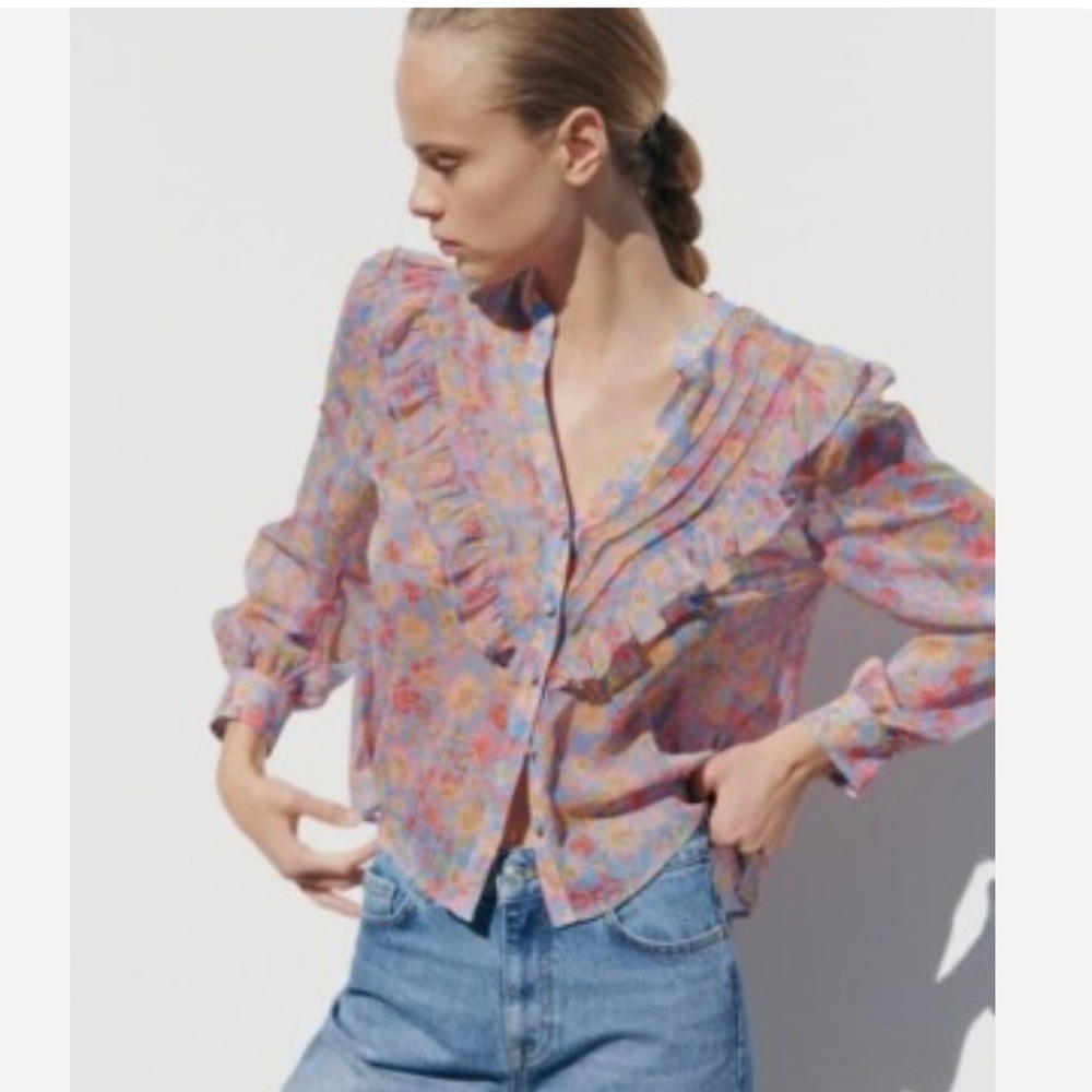ZARA Floral Ruffle Sheer Blouse XS Purple Pink Boho Romantic XS